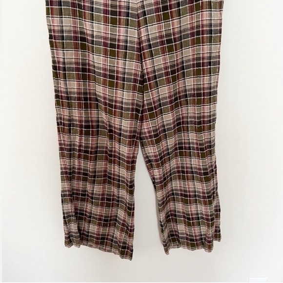 Anthropologie Plaid Floral Waistband Wide Leg Pants Pink/Brown Size 10 Cotton - Picture 3 of 10